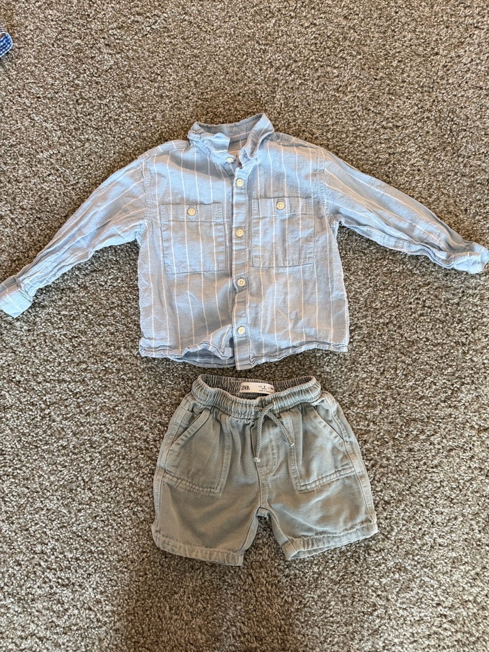 Zara Light Blue Elastic-Waist Kids Shorts + Button Up Stripe Shirt Bundle 2 Year